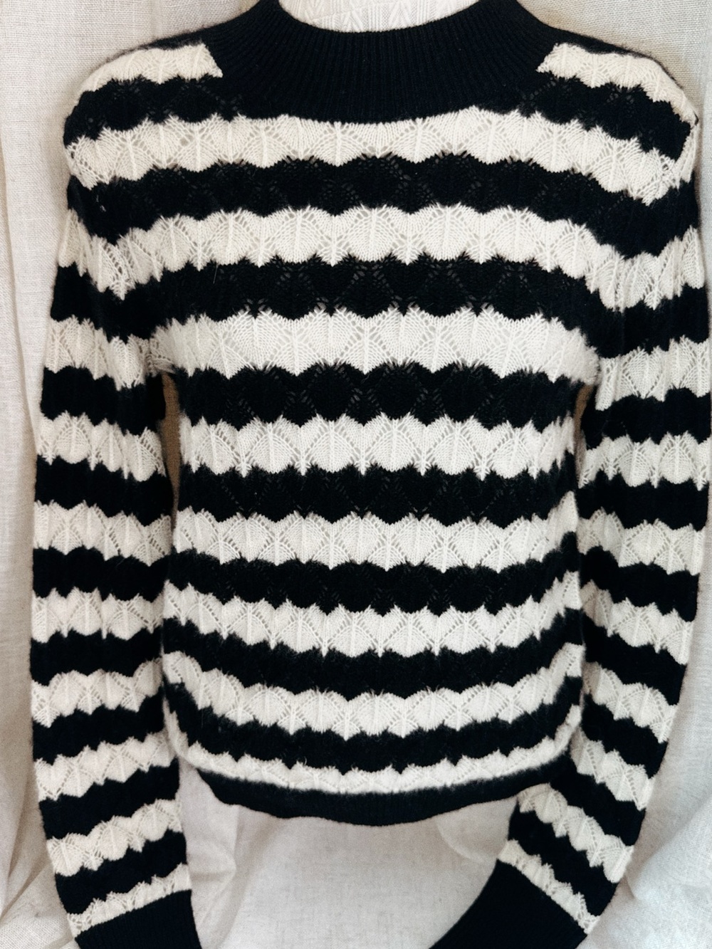 🤍🖤 Aqua 100% Cashmere Pointelle Stripe Sweater • Black & Ivory • S